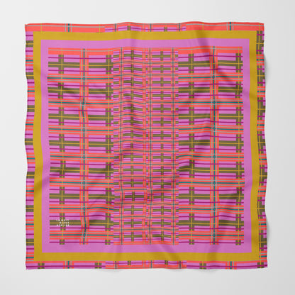 Pink Plaid Chiffon Square Scarf with Yellow + Pink Accent