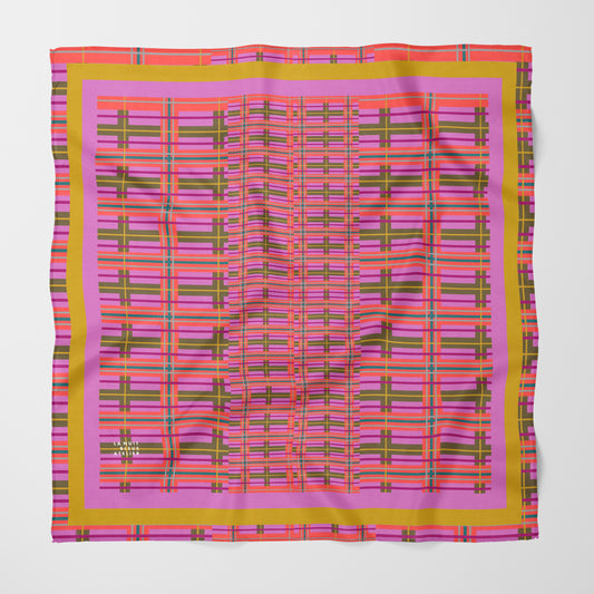 Pink Plaid Chiffon Square Scarf with Yellow + Pink Accent