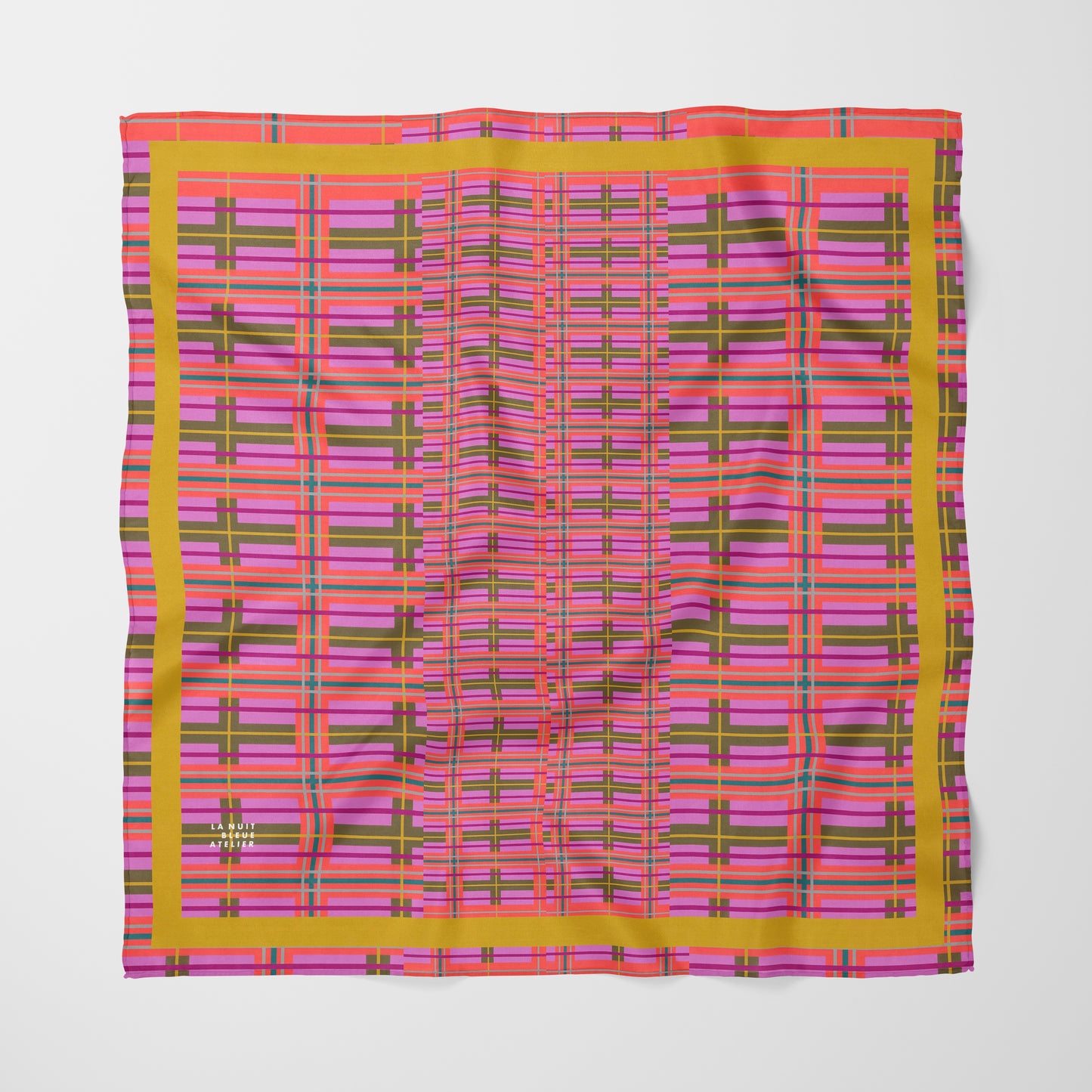 Pink Plaid Chiffon Square Scarf with Yellow Accent