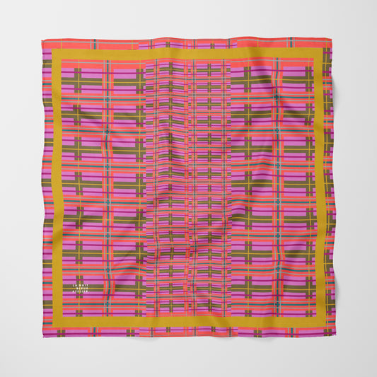 Pink Plaid Chiffon Square Scarf with Yellow Accent