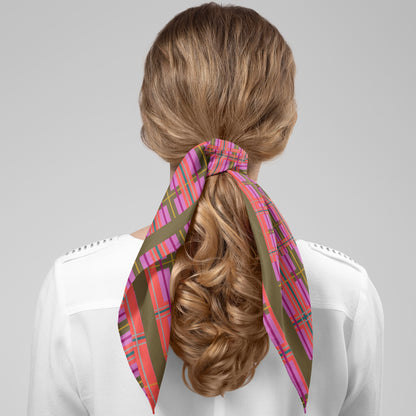 Pink Plaid Chiffon Square Scarf with Green Accent