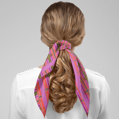 Pink Plaid Chiffon Square Scarf with Pink Accent