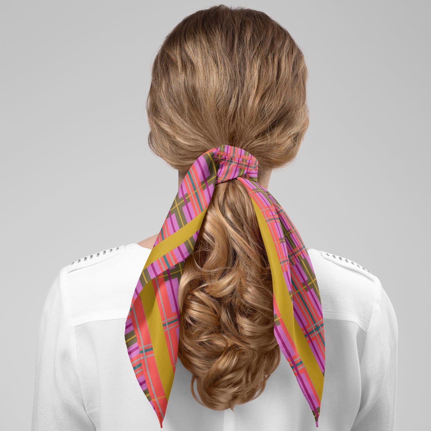 Pink Plaid Chiffon Square Scarf with Yellow Accent