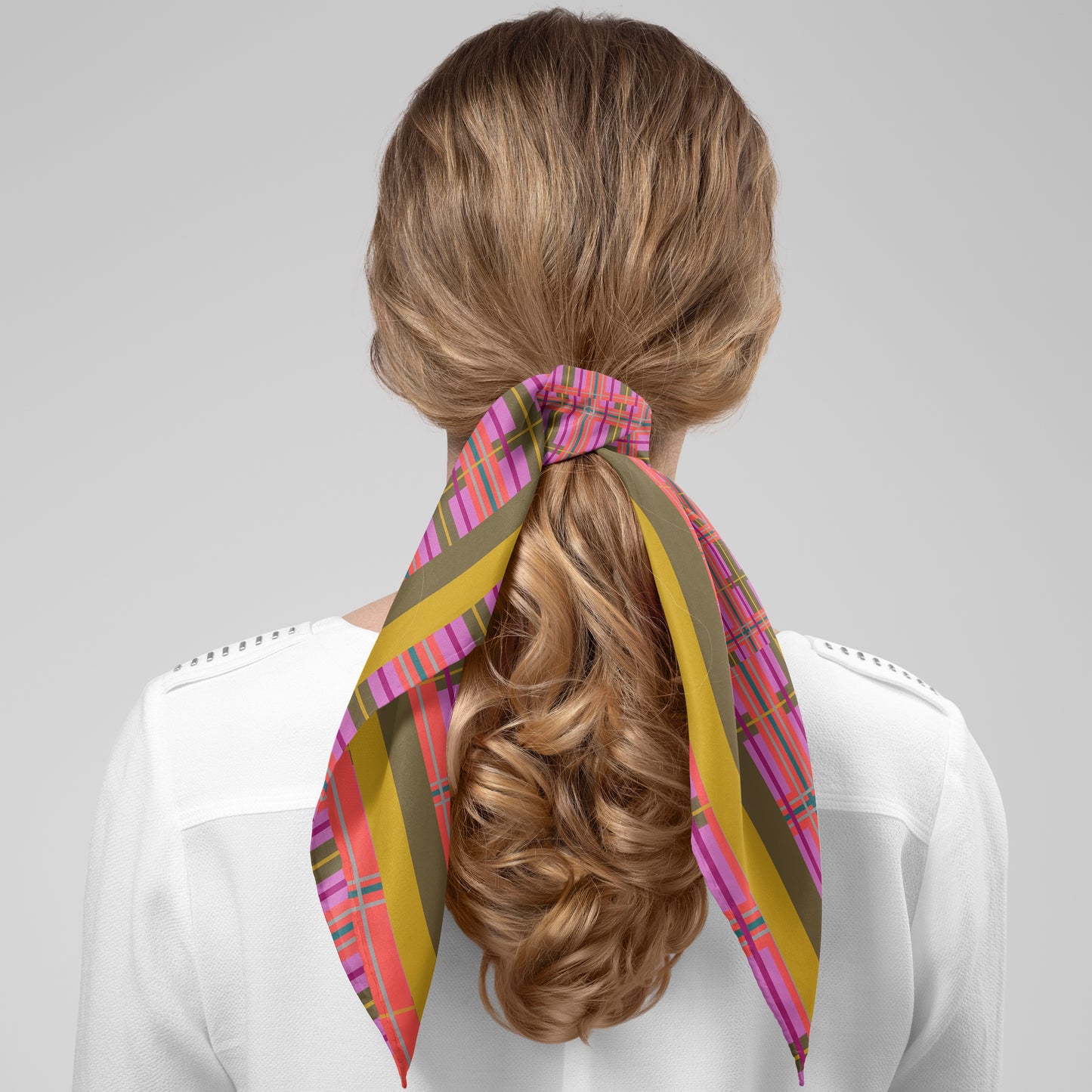 Pink Plaid Chiffon Square Scarf with Yellow + Green Accent