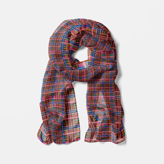 Pinky Blue Plaid Chiffon Long Scarf