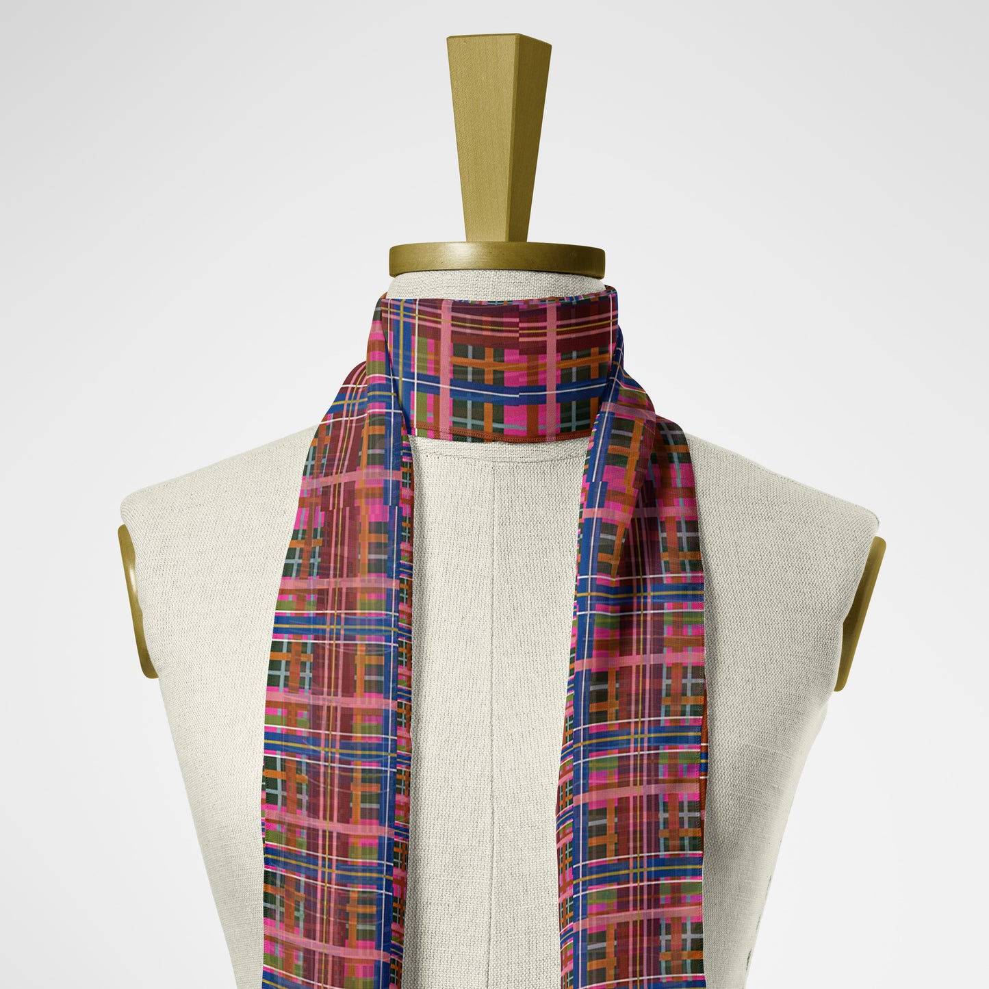 Pinky Blue Plaid Chiffon Long Scarf