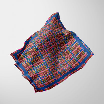 Pinky Blue Plaid Chiffon Square Scarf with Blue Accent