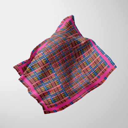 Pinky Blue Plaid Chiffon Square Scarf with Bright Pink Accent