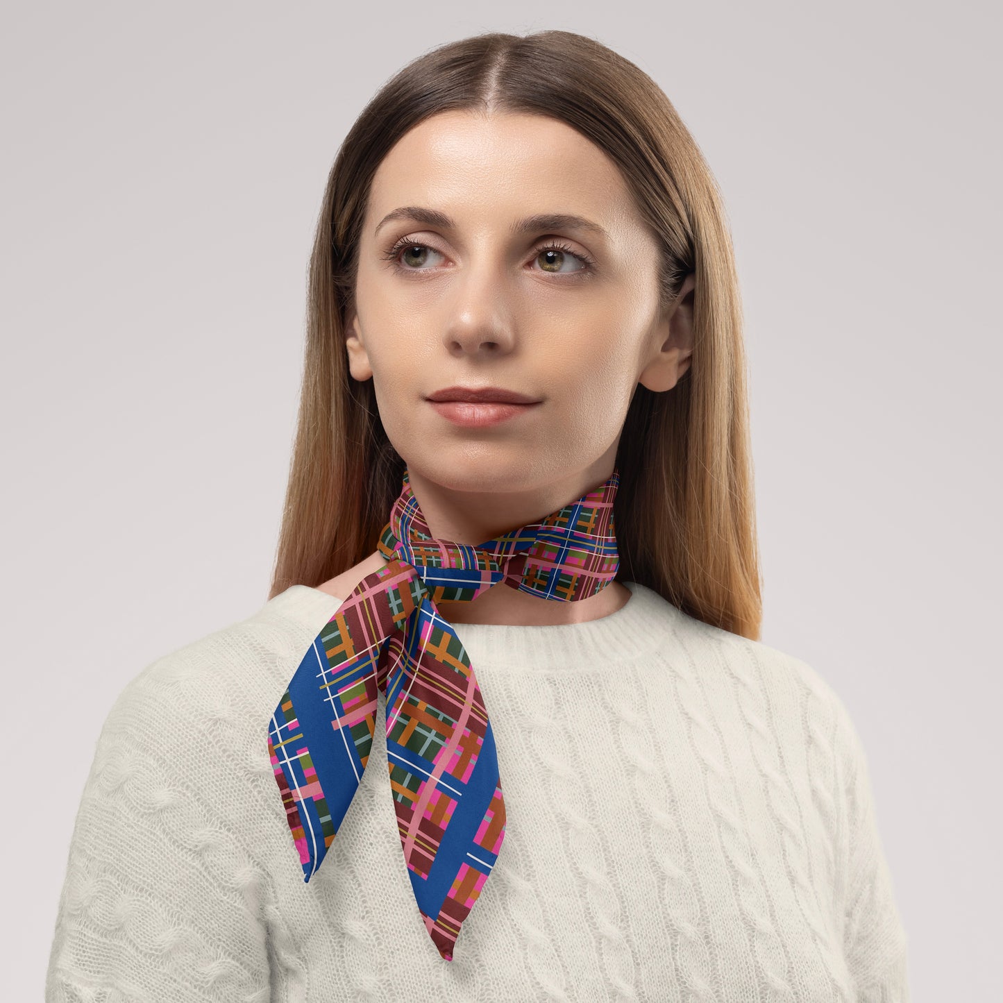 Pinky Blue Plaid Chiffon Square Scarf with Blue Accent