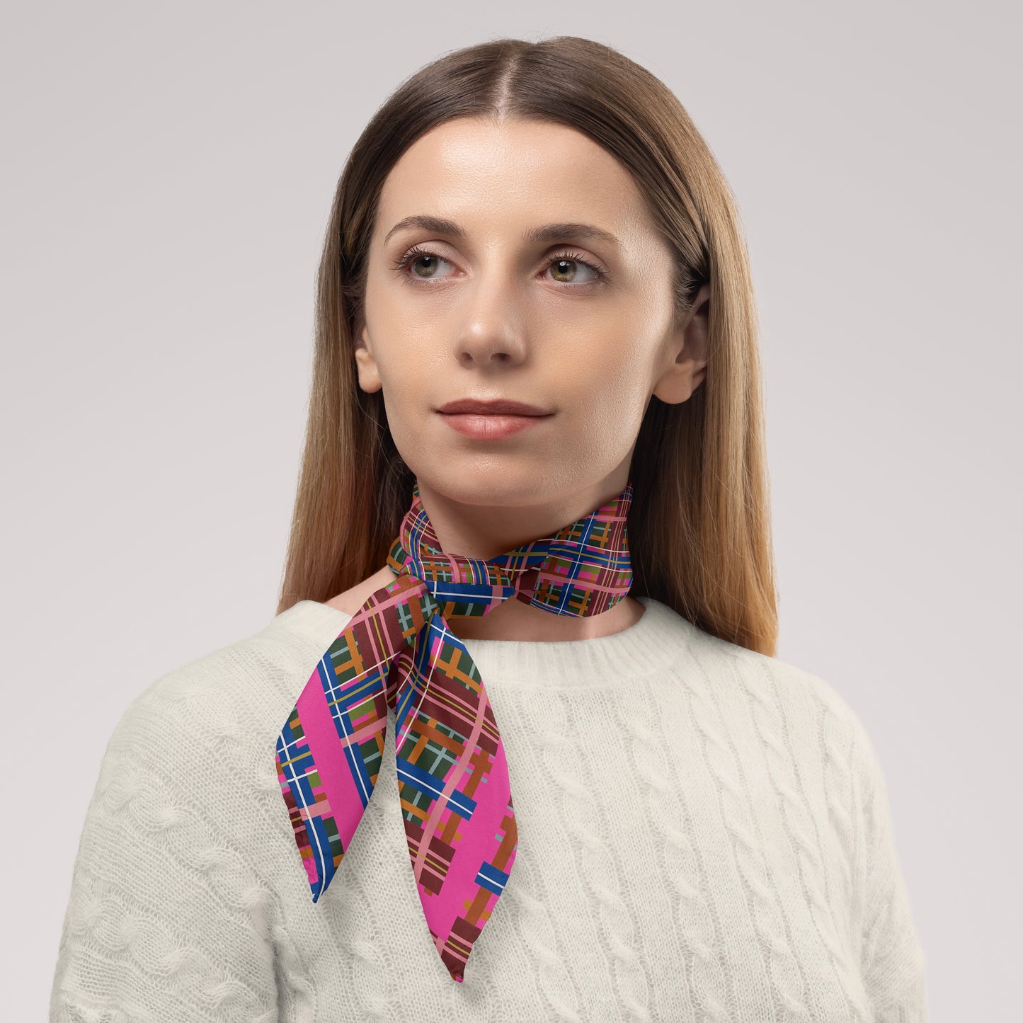 Pinky Blue Plaid Chiffon Square Scarf with Bright Pink Accent