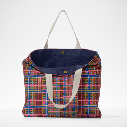 Pinky Blue Plaid Deluxe Market Tote