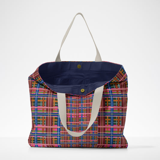 Pinky Blue Plaid Deluxe Market Tote