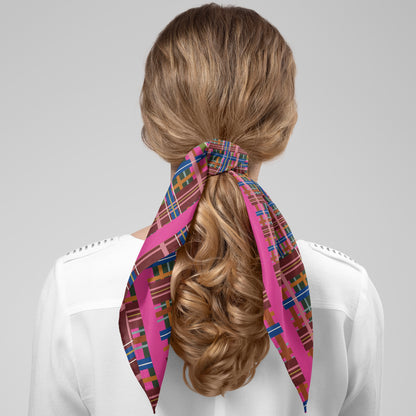Pinky Blue Plaid Chiffon Square Scarf with Bright Pink Accent