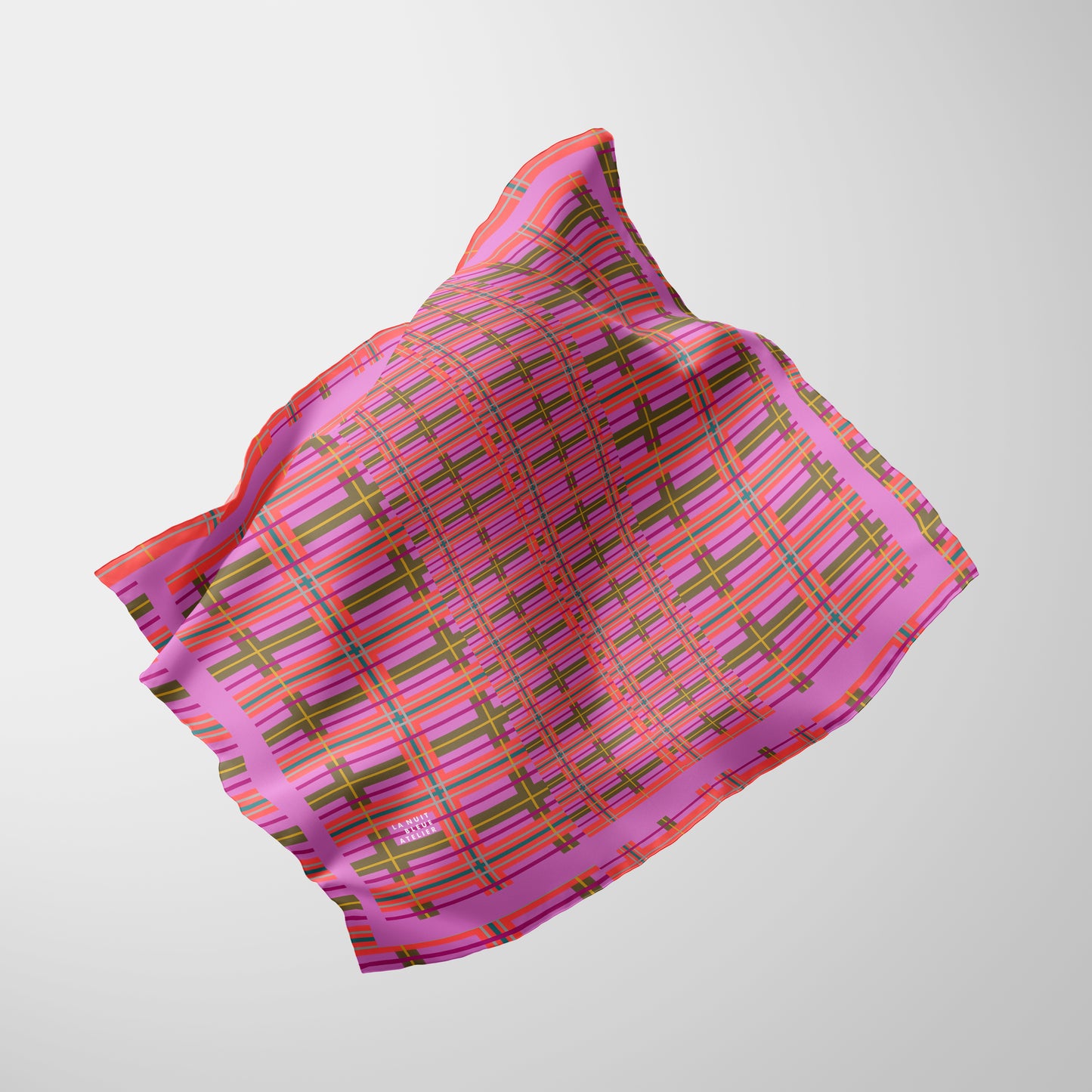 Pink Plaid Chiffon Square Scarf with Pink Accent