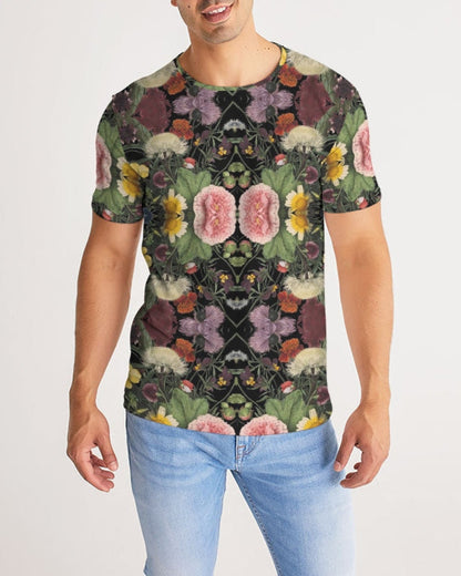 Botanica No 1 men’s short-sleeved tee with symmetrical vintage floral pattern in pink yellow green and maroon on dark background