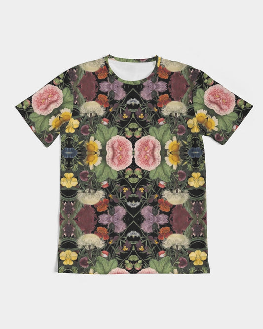 Black short-sleeved botanica no 1 men’s tee with vibrant symmetrical pink carnation and yellow pansy floral pattern