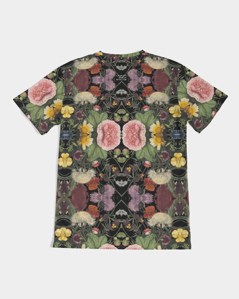 Botanica No 1 men’s black short-sleeved tee with vibrant symmetrical floral pattern of pink roses and yellow flowers
