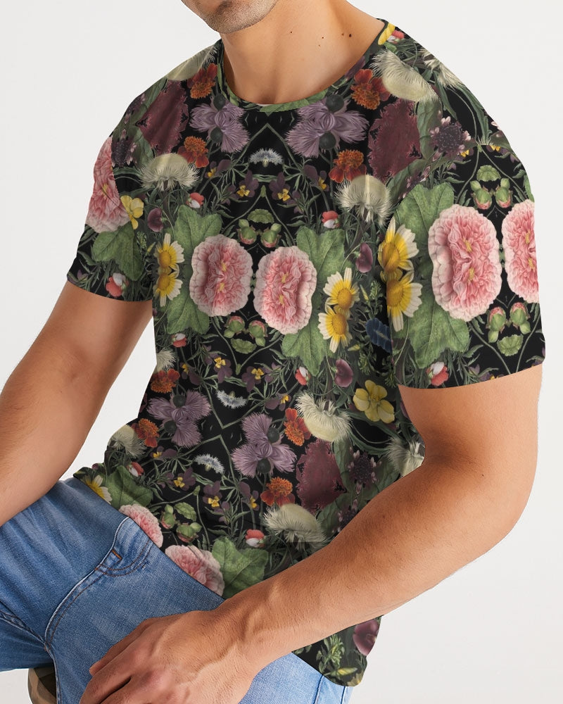 Black Botanica No 1 men’s tee with vibrant symmetrical pink yellow and purple floral pattern on dark green leaves