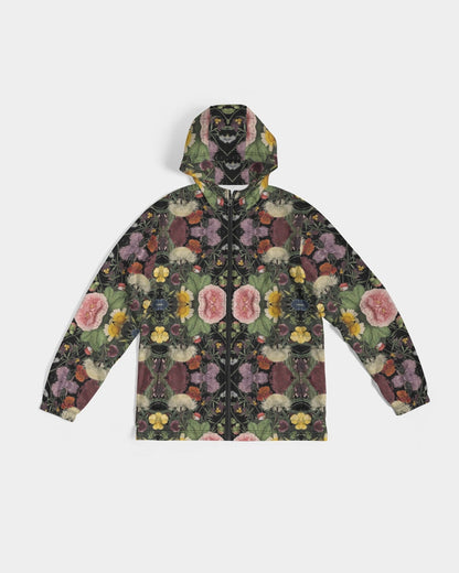 A dark green botanica no 1 men’s windbreaker with a vibrant symmetrical floral pattern featuring pink roses and yellow blossoms