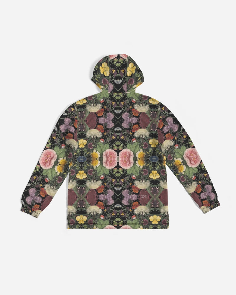 Botanica no 1 men’s windbreaker dark green hooded jacket with symmetrical kaleidoscopic floral pattern on back