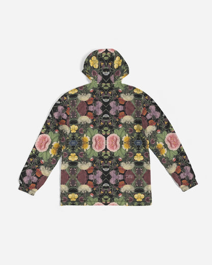 Botanica no 1 men’s windbreaker dark green hooded jacket with symmetrical kaleidoscopic floral pattern on back