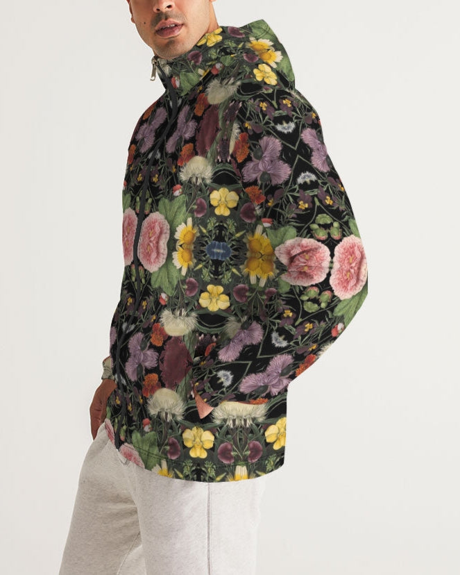Botanica No 1 men’s windbreaker black hooded jacket with vibrant symmetrical floral pattern of pink roses and yellow blossoms