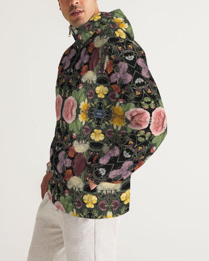 Botanica No 1 men’s windbreaker black hooded jacket with vibrant symmetrical floral pattern of pink roses and yellow blossoms