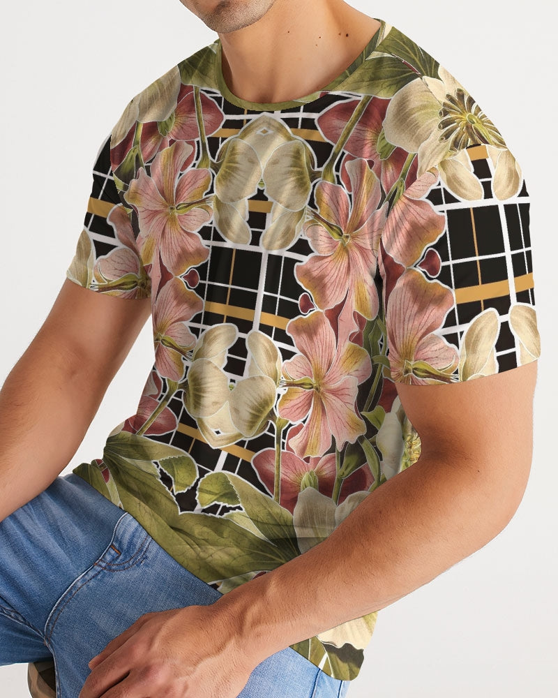 Botanica plaid no 1 men’s tee is a short sleeve shirt with pink and cream blossoms and gold-striped black grid design