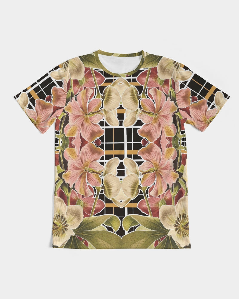 Botanica Plaid No. 1 men’s short-sleeved tee with vibrant pink cream floral pattern and black white grid design