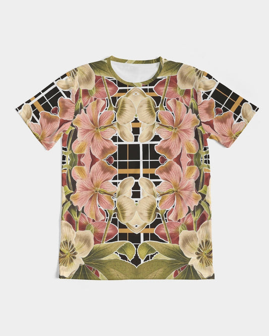 Botanica Plaid No. 1 men’s short-sleeved tee with vibrant pink cream floral pattern and black white grid design