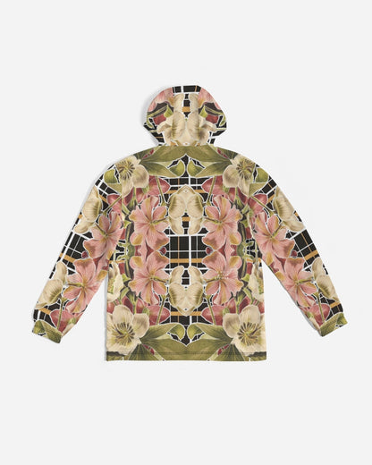 Botanica Plaid No 1 men’s windbreaker long-sleeved hooded jacket with vibrant pink cream green floral pattern on black grid