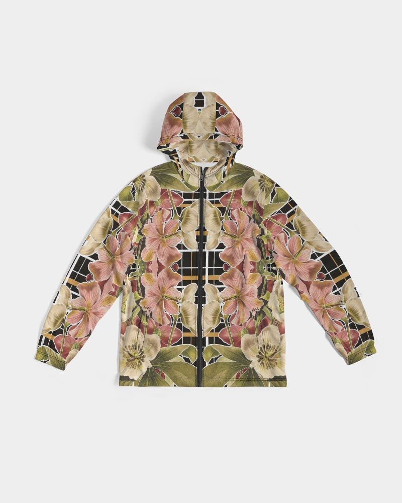 Botanica plaid no 1 men’s windbreaker with vibrant pink and cream floral hooded jacket over green leaves and black grid lines