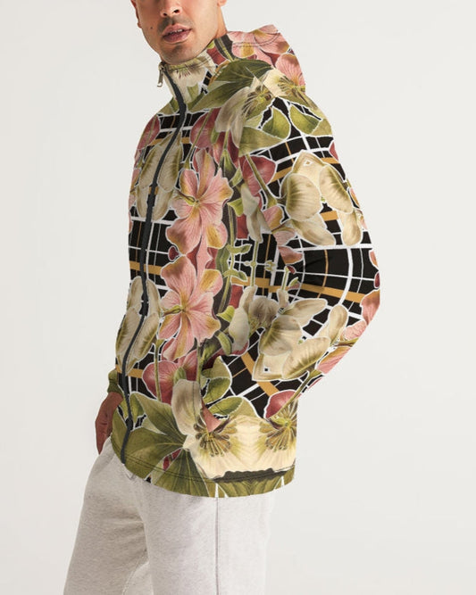 Botanica Plaid No 1 men’s windbreaker with vibrant pink green cream floral hooded jacket on black grid background
