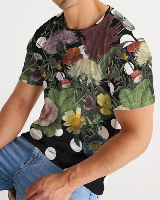 Black short-sleeved botanica pop men’s tee with vibrant purple yellow pink blue floral print and white polka dots