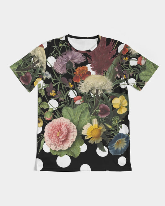 Black short-sleeved Botanica pop men’s tee featuring vibrant floral print with pink roses yellow daisies and blue flowers
