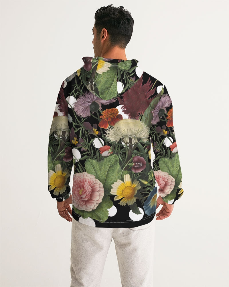 Botanica pop men’s windbreaker black hooded jacket with vibrant floral pattern of pink roses yellow daisies and leaves