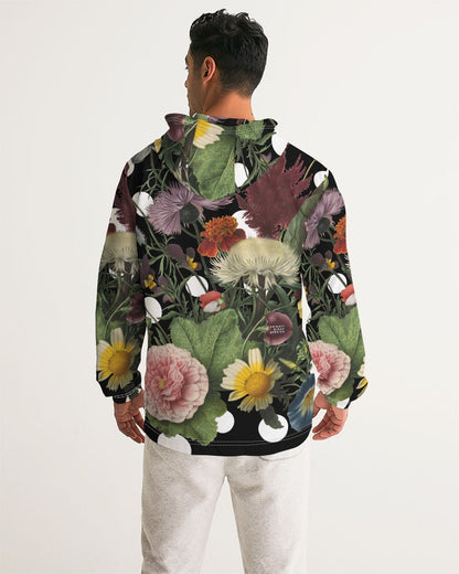 Botanica pop men’s windbreaker black hooded jacket with vibrant floral pattern of pink roses yellow daisies and leaves