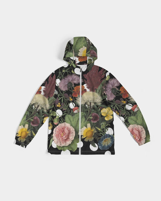 Botanica pop men’s windbreaker black zip-up hooded jacket with vibrant floral pattern of pink peonies and yellow daisies