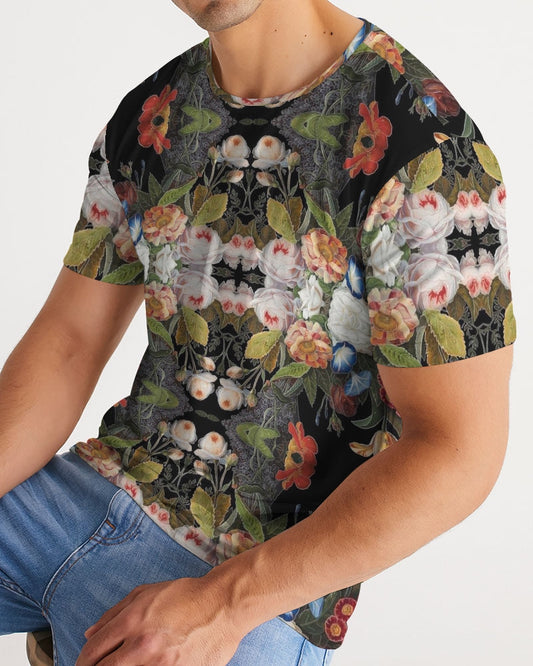 Black short-sleeved dutch redux no 1.2 men’s tee with vibrant symmetrical floral pattern of roses and leaves
