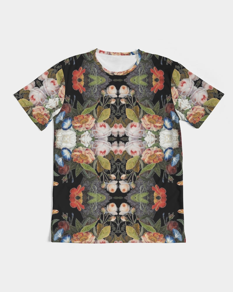 Black short-sleeved dutch redux no 1.2 men’s tee with symmetrical floral print in red white blue on dark green leaves