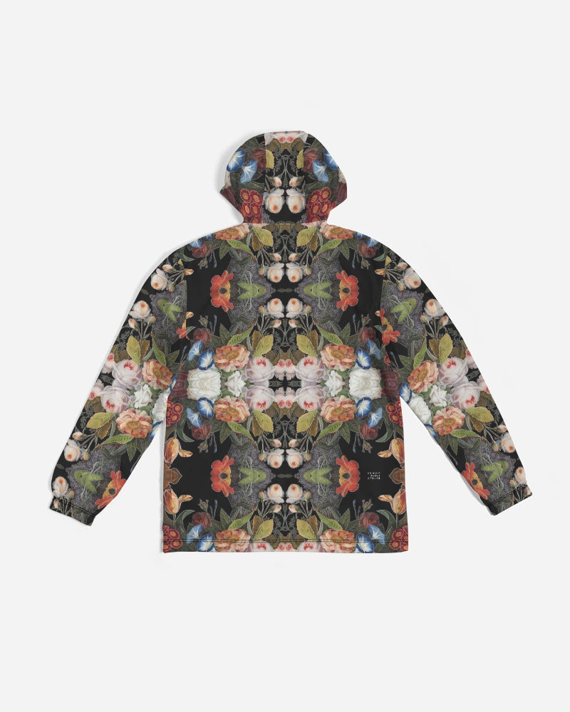 Black hooded jacket with kaleidoscopic pink white orange and blue floral pattern dutch redux no 1.2 men’s windbreaker