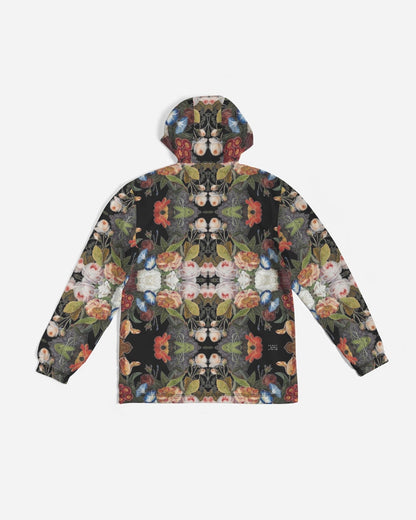 Black hooded jacket with kaleidoscopic pink white orange and blue floral pattern dutch redux no 1.2 men’s windbreaker