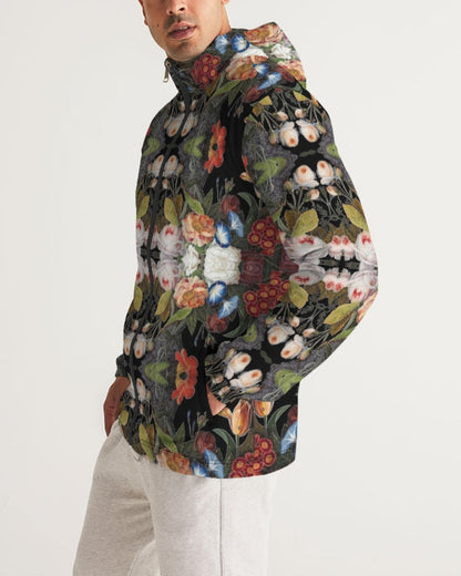 Black hooded dutch redux no 1.2 men’s windbreaker with vibrant red white blue and green floral pattern on front