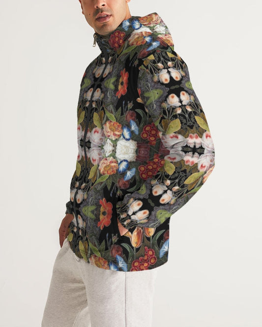 Black hooded dutch redux no 1.2 men’s windbreaker with vibrant red white blue and green floral pattern on front