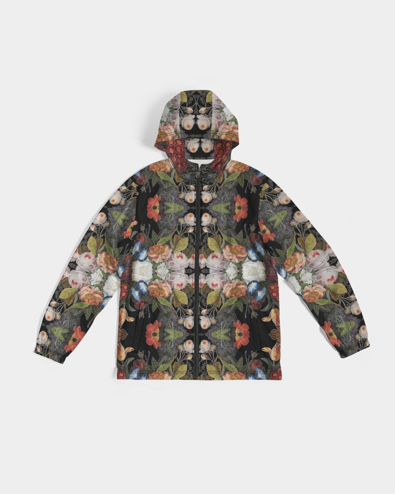 Dutch Redux No 1.2 men’s black zip-up windbreaker with symmetrical mirrored floral pattern in pink orange white green and blue