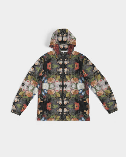 Dutch Redux No 1.2 men’s black zip-up windbreaker with symmetrical mirrored floral pattern in pink orange white green and blue