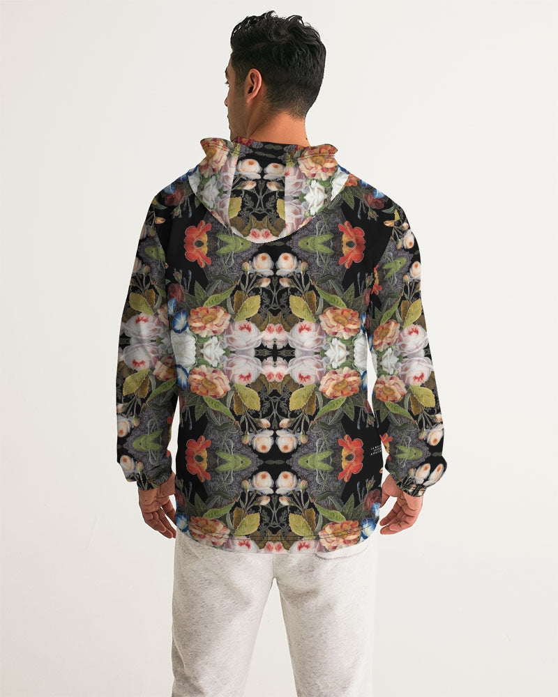 Dutch Redux no 1.2 men’s black hooded windbreaker with vibrant symmetrical orange white and green floral pattern
