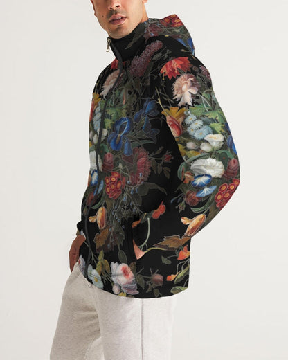 Black hooded dutch redux no 1 men’s windbreaker with vibrant red blue white green floral pattern on the back