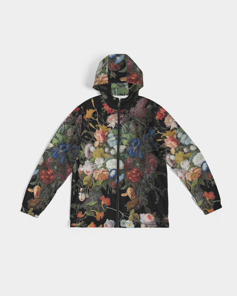 Black Dutch Redux No 1 men’s windbreaker zip-up hooded jacket with vibrant pink orange blue and white floral pattern