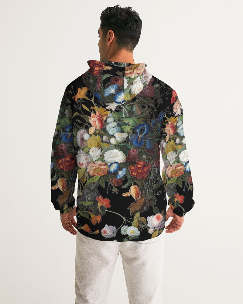 Dutch redux no 1 men’s windbreaker black hooded jacket with vibrant white blue red and yellow floral pattern